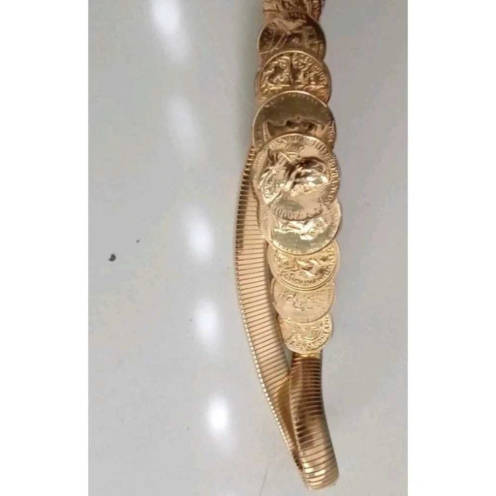 Vintage Gold Tone Coin Belt Elastic Stretch Waist Belt‎ Fashion Accessory